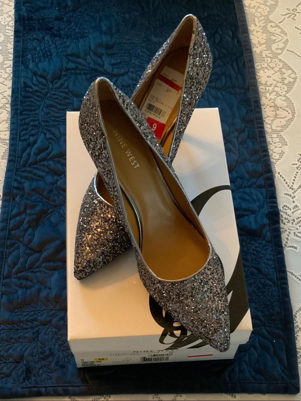Nine West Silver Glitter Pointed Toe Heels